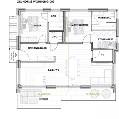 Eine Wohnungsgrundrisszeichnung mit mehreren Räumen, darunter Schlafzimmer, Bad und Wohnzimmer. Der Plan zeigt die Anordnung von Möbeln und eine Terrasse.