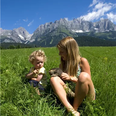 Ein Mädchen sitzt im grünen Gras neben einem kleinen Kind und hält ein Tier in der Hand. Im Hintergrund sind majestätische Berge und ein blauer Himmel zu sehen.