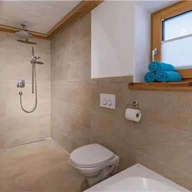 Ein modernes Badezimmer mit Dusche und Toilette. Frische Handtücher liegen auf der Fensterbank.