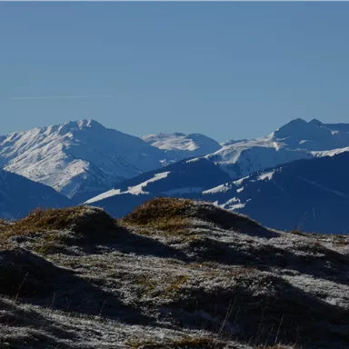 Snow-covered mountains under a clear blue sky. Gentle hills in the foreground complement the alpine landscape.