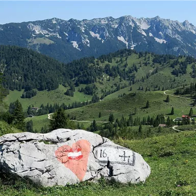 Eine große Felsformation mit einem roten Herz auf der Vorderseite steht in einer grünen Wiese. Im Hintergrund erheben sich majestätische Berge unter einem klaren blauen Himmel.