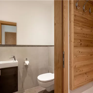 Ein modernes Badezimmer mit einer Toilette, einem Waschbecken und Holzdetails. An der Wand hängen Handtücher und es gibt einen Garderobenbereich aus Holz.