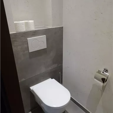 Ein modernes Badezimmer mit einer weißen Toilette und einer minimalistisch gestalteten Wand. Auf einem Regal befinden sich zwei Rollen Toilettenpapier.