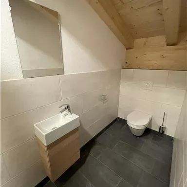Ein modernes Badezimmer mit Holzdecke und fliesenboden. Es enthält ein Waschbecken und ein WC.