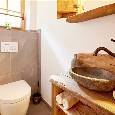 Ein modernes Badezimmer mit einer eleganten Waschschüssel aus Stein und einem weißen WC. Holzregale und natürliche Materialien verleihen dem Raum eine warme Atmosphäre.