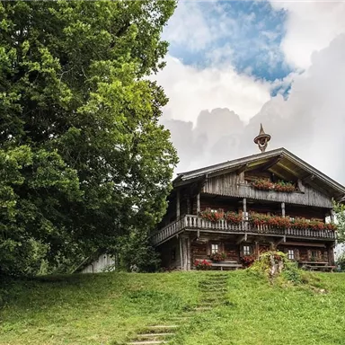 A traditional wooden house on a hill, surrounded by trees and green grass. The sky is slightly cloudy, creating a calm atmosphere.