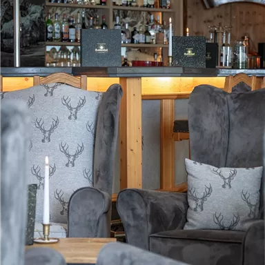 Eine gemütliche Bar mit grauen Sessel und einem Holzregal voller Getränke im Hintergrund. Der Raum vermittelt eine einladende Atmosphäre.