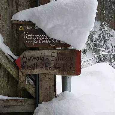 Ein hölzernes Wegweiser ist mit Schnee bedeckt. Er zeigt die Richtungen zu verschiedenen Zielen im Winterwald.