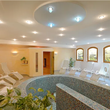 Ein entspannendes Spa mit Liegen und einem kleinen Pool. Die Wände sind hell gestrichen, und Pflanzen sorgen für eine angenehme Atmosphäre.