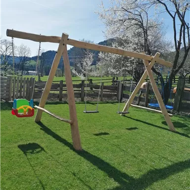 Eine Schaukel aus Holz steht auf einer grünen Wiese. Im Hintergrund sind Bäume und eine hügelige Landschaft zu sehen.