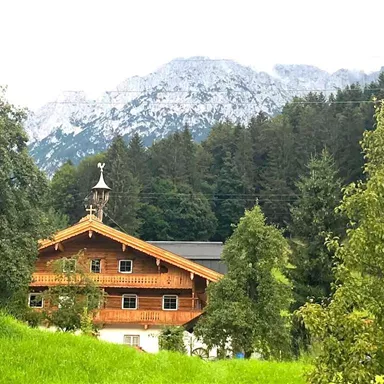 Ein traditionelles Holzhaus umgeben von Bäumen und Wiese. Im Hintergrund sind majestätische Berge zu sehen.