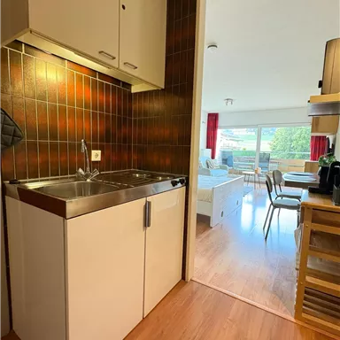 A modern kitchen with a sink and wooden shelves. In the background, a cozy living area with a table and chairs can be seen.