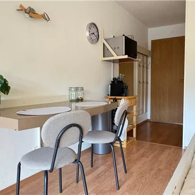 A simple room with a table, two chairs, and a plant. In the background, a clock, a shelf, and a door are visible.