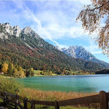 A tranquil landscape with a clear blue lake and majestic mountains in the background. The shore vegetation shines in vivid autumn colors.