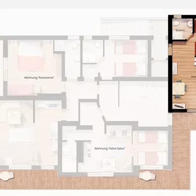 An apartment floor plan with several rooms. In the upper right corner, there is a detailed view of a bedroom.