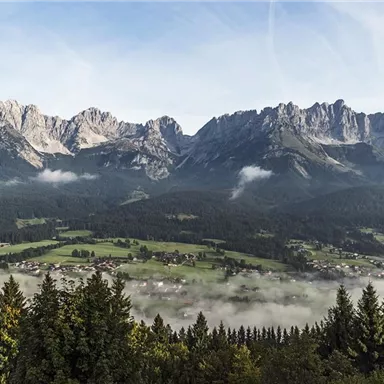 Eine beeindruckende Berglandschaft mit hohen Gipfeln und einem klaren Himmel. Im Vordergrund sind Wälder und eine grüne Hügellandschaft zu sehen.