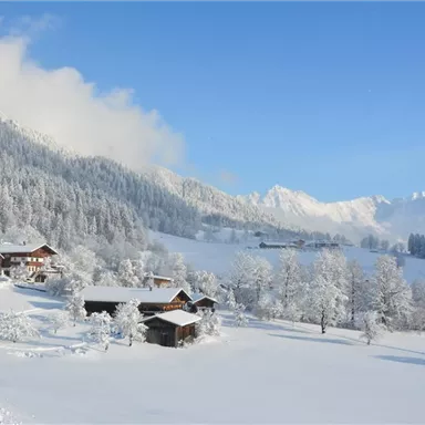 Eine winterliche Landschaft mit schneebedeckten Hügeln und kleinen Holzhäusern. Der Himmel ist klar und blau, umgeben von majestätischen Bergen.