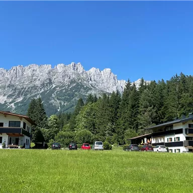 Ein schöner Blick auf zwei Gebäude inmitten von grünen Wiesen und einem Wald. Im Hintergrund sind beeindruckende Berge unter einem klaren blauen Himmel zu sehen.