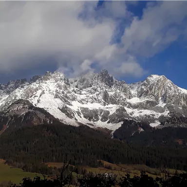 Eine beeindruckende Berglandschaft mit schneebedeckten Gipfeln und tiefgrünem Wald. Der Himmel ist teilweise bewölkt und das Licht schafft eine malerische Atmosphäre.