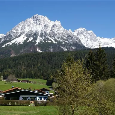 An impressive mountain landscape with snow-covered peaks and green meadows. In the foreground, charming houses and trees can be seen.