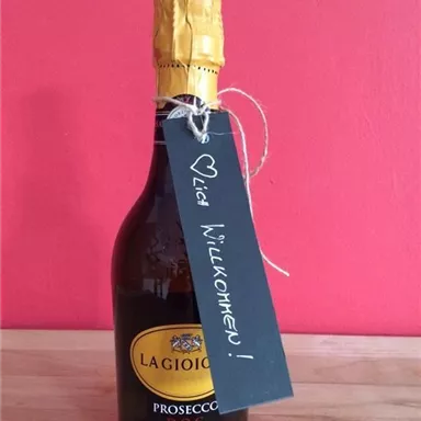 Eine Flasche Prosecco mit einem dekorativen Etikett, auf dem „Willkommen!“ steht. Der Hintergrund ist rot und der Boden aus Holz.
