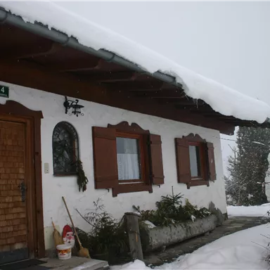 Ein traditionelles Haus im Schnee, umgeben von winterlicher Landschaft. Die Schneedecke liegt sanft auf dem Dach und den Pflanzen.