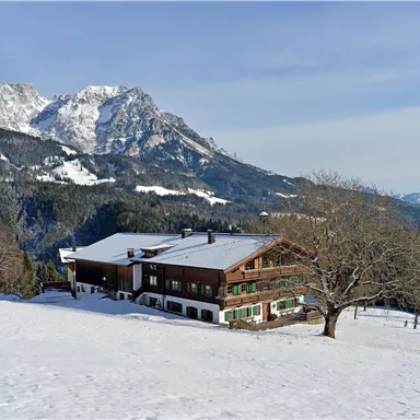 Eine malerische alpine Landschaft mit schneebedeckten Bergen und einem traditionellen Holzhaus. Im Vordergrund liegt eine verschneite Wiese mit Bäumen.
