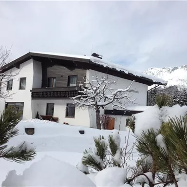 Ein gemütliches Haus im Winter, umgeben von schneebedeckten Bäumen. Die Berge sind im Hintergrund sichtbar.