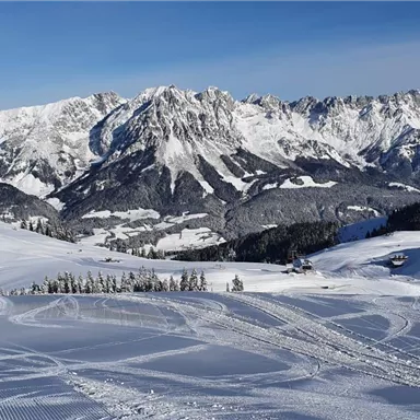 Eine schneebedeckte Landschaft mit hohen Bergen im Hintergrund. Im Vordergrund sind verschneite Pisten und Tretspuren im Schnee zu sehen.
