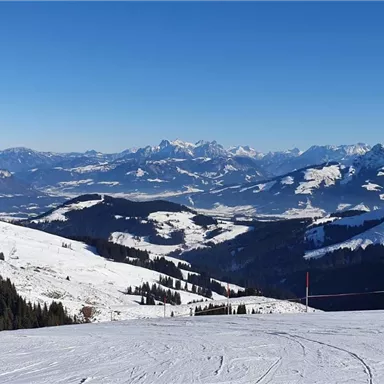 Eine verschneite Berglandschaft unter einem strahlend blauen Himmel. In der Ferne sind die Alpen sichtbar, umgeben von schneebedeckten Hügeln.