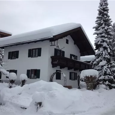 Ein gemütliches Haus im Schnee mit einem schönen Balkon. Umgeben von schneebedeckten Bäumen und einer winterlichen Landschaft.