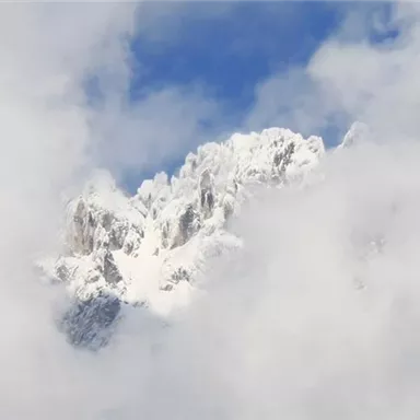 Schneebedeckte Bergspitzen ragen aus dichten Wolken empor. Der klare blaue Himmel ist im Hintergrund sichtbar.