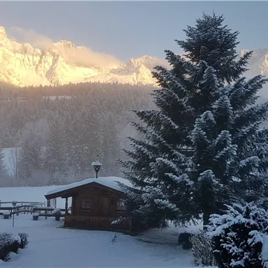 A picturesque winter landscape with snow-covered mountains in the background. In the foreground, there is a large tree and a small cabin in an idyllic setting.