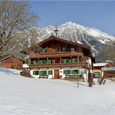 Ein malerisches Chalet im Schnee mit angrenzenden Bäumen und Bergen im Hintergrund. Die klare Winterlandschaft strahlt Ruhe und Gemütlichkeit aus.