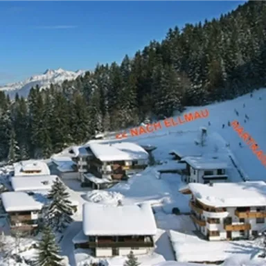 Eine winterliche Landschaft mit schneebedeckten Hütten und hohen Tannenbäumen. Im Hintergrund sind schneebedeckte Berge zu sehen.