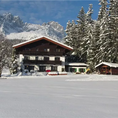 A picturesque house in a snowy landscape, surrounded by tall fir trees and mountains. The sky is clear and blue, creating a serene winter atmosphere.
