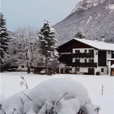 A picturesque winter village with a snow-covered building and snow-laden trees. Mountains can be seen in the background.