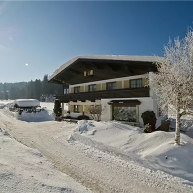 A cozy house in the snow with a clear blue sky. The sun shines over the winter landscape.