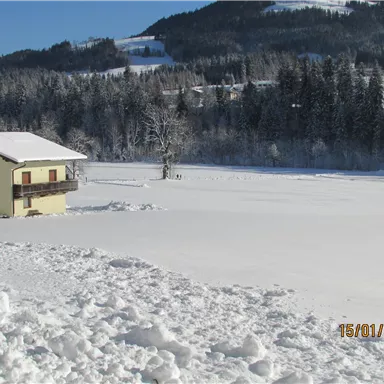 A quiet winter landscape with a yellow house, surrounded by snow-covered fields. In the background, mountains and pine trees can be seen.