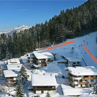 Eine malerische Winterlandschaft mit schneebedeckten Hütten und hohen Tannen. Im Hintergrund sind die Berge sichtbar, und an der Seite steht ein Wegweiser nach Ellmau.
