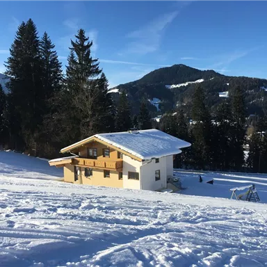 A cozy house in the snow, surrounded by pine trees and mountains. The sky is clear and blue.