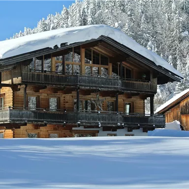 A wooden house in the snow with a roof full of snow. In the background, snow-covered trees can be seen.