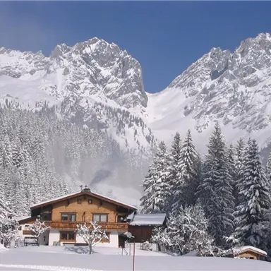 A picturesque chalet in a snowy winter landscape. High mountains and dense forests surround the scene.