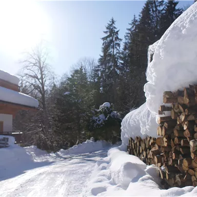 Eine verschneite Landschaft mit einem Holzstapel und einem winterlichen Haus. Die Sonne scheint klar am Himmel.
