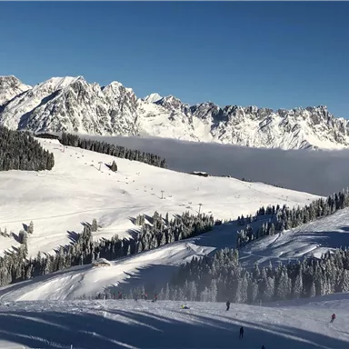 Eine verschneite Berglandschaft mit majestätischen Gipfeln im Hintergrund. Skifahrer sind auf den Pisten unterwegs, umgeben von verschneiten Bäumen.