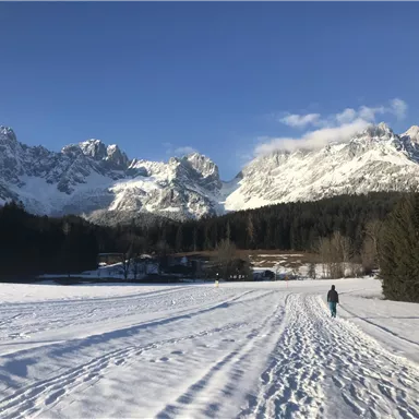Eine verschneite Landschaft mit beeindruckenden Bergen im Hintergrund. Eine Person geht auf einem Pfad durch den Schnee.