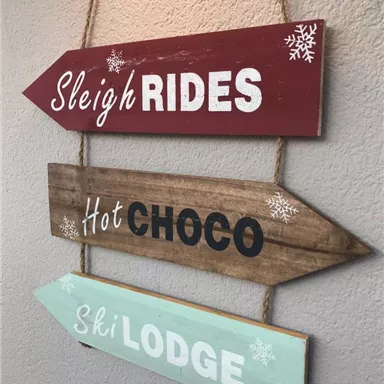A wooden sign with three arrows pointing to different activities: sledding, hot chocolate, and a ski hut. The signs are in different colors and feature snowflake designs.