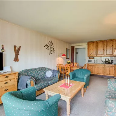 A cozy living room with comfortable sofas and a wooden table. In the background, there is a kitchenette.