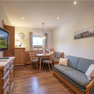 Ein gemütlicher Wohnraum mit einem Sofa, einem Tisch und Stühlen. An der Wand hängt ein Fernseher und ein Bild der Landschaft.