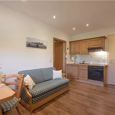 Eine gemütliche Wohnung mit einer kleinen Küchenzeile und einem Essbereich. Der Raum ist hell und modern eingerichtet, ideal für entspannte Momente.